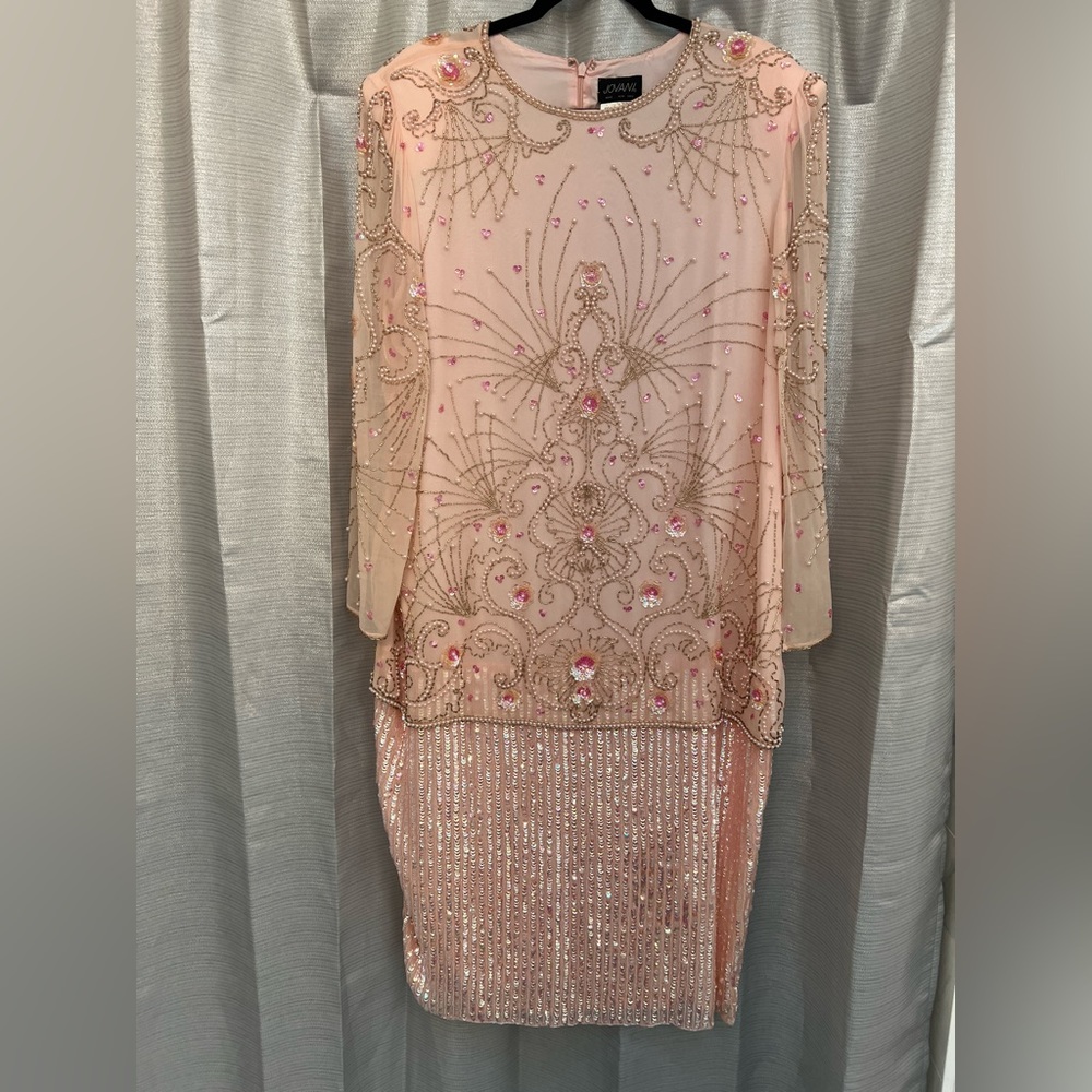JOVANI Vintage Pink Champagne Beaded Silk Gown Full Sequin Skirt Mesh Sleeves XL